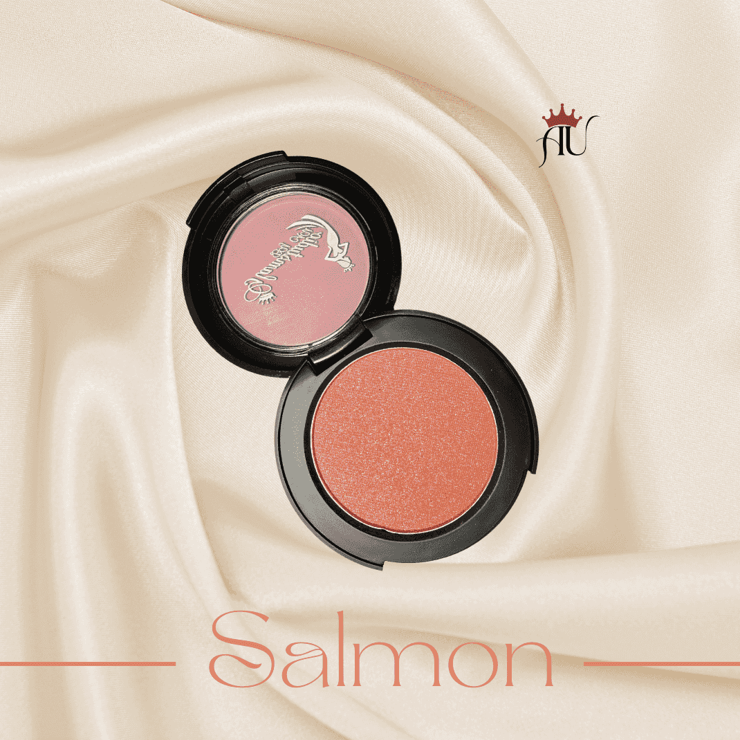 Salmon Powder Blush in peachy-coral shade with soft sheen finish by AU on satin background