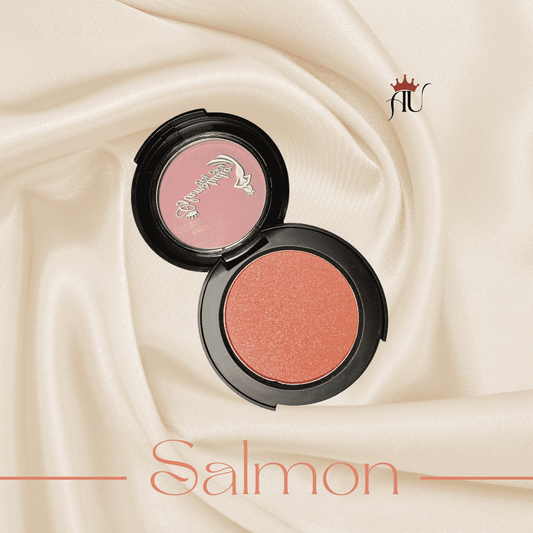 Salmon Powder Blush in peachy-coral shade with soft sheen finish by AU on satin background