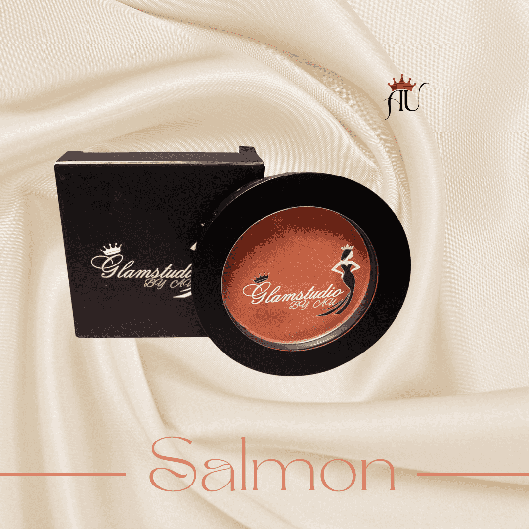 Salmon Powder Blush by AU in peachy-coral shade with soft sheen finish for a natural, radiant glow