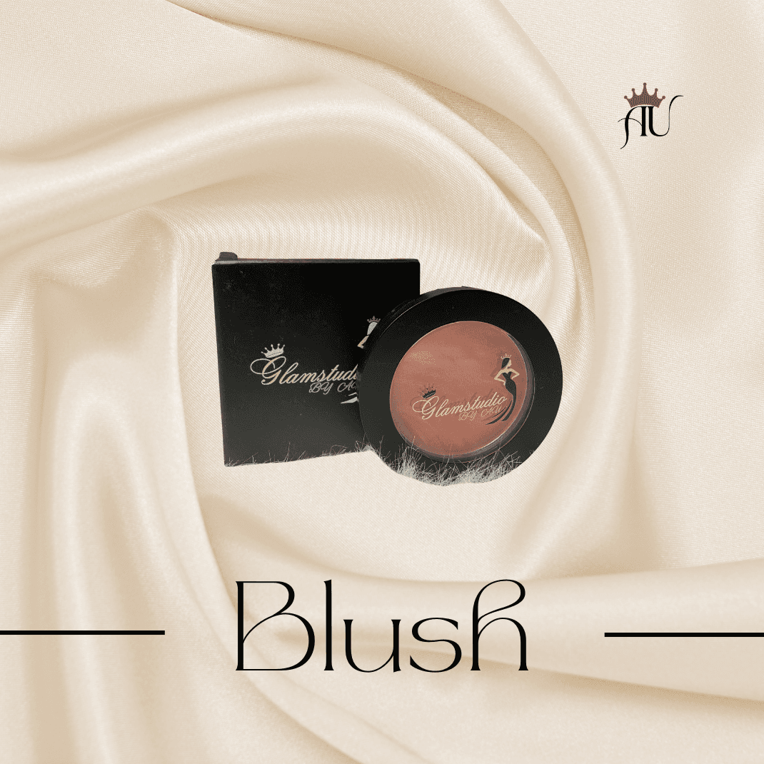 Glow Powder Blush by AU in black compact with rose-toned powder on silk background