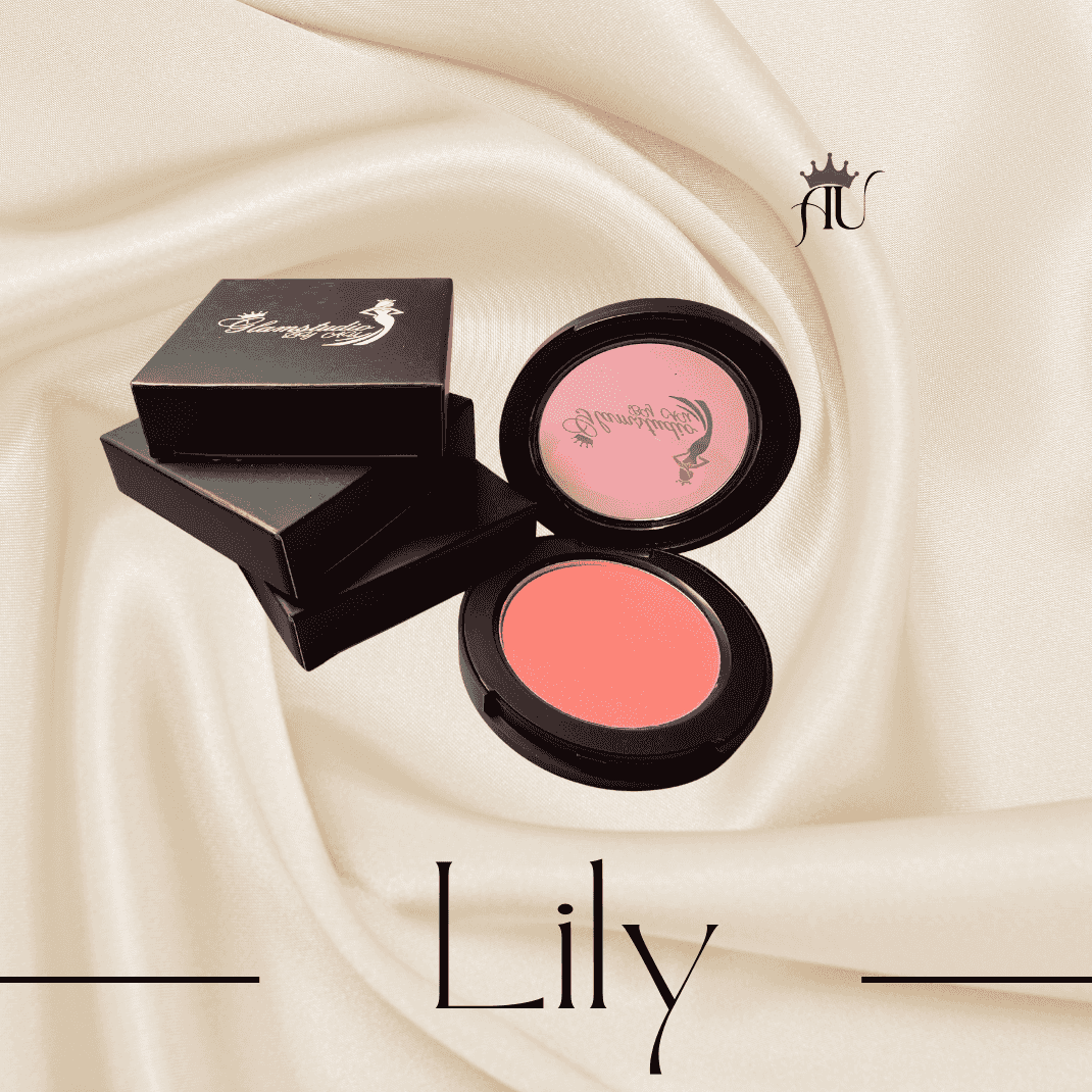 Lily Powder Blush by AU in soft muted pink shade with matte-satin finish in compact on silk background