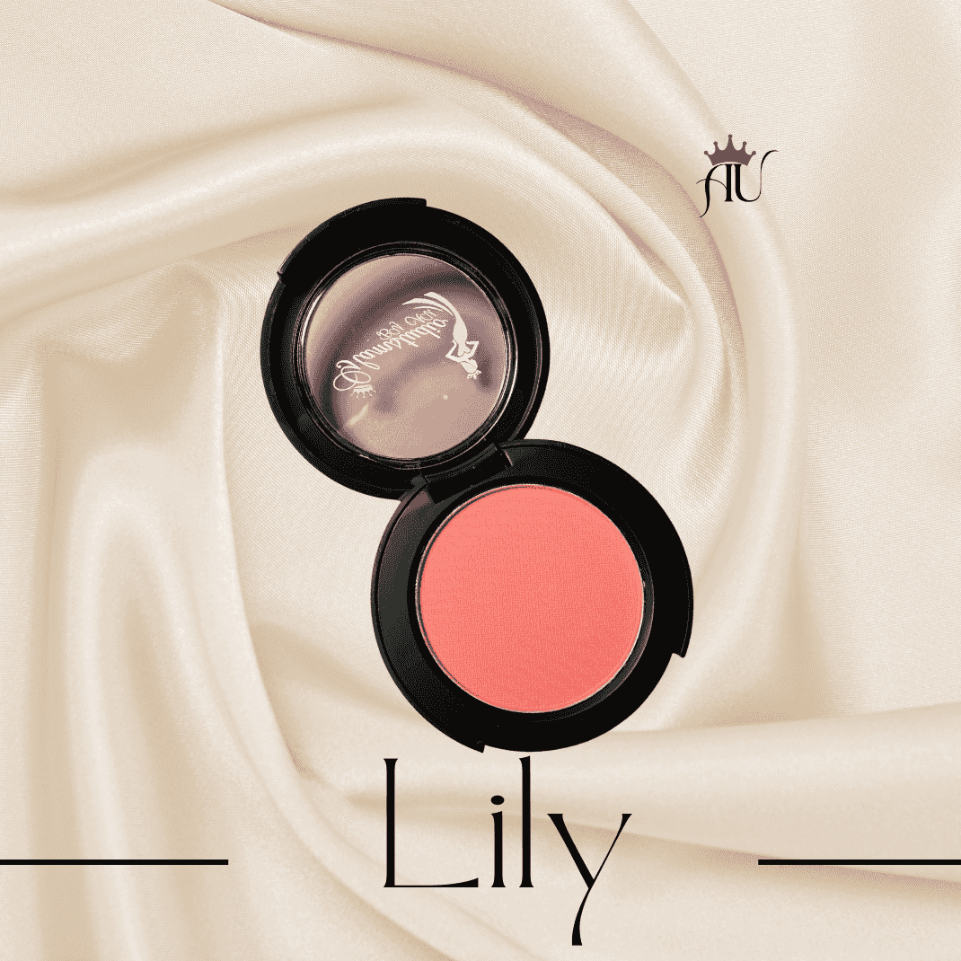 Lily Powder Blush soft muted pink matte-satin finish blush compact on silk background