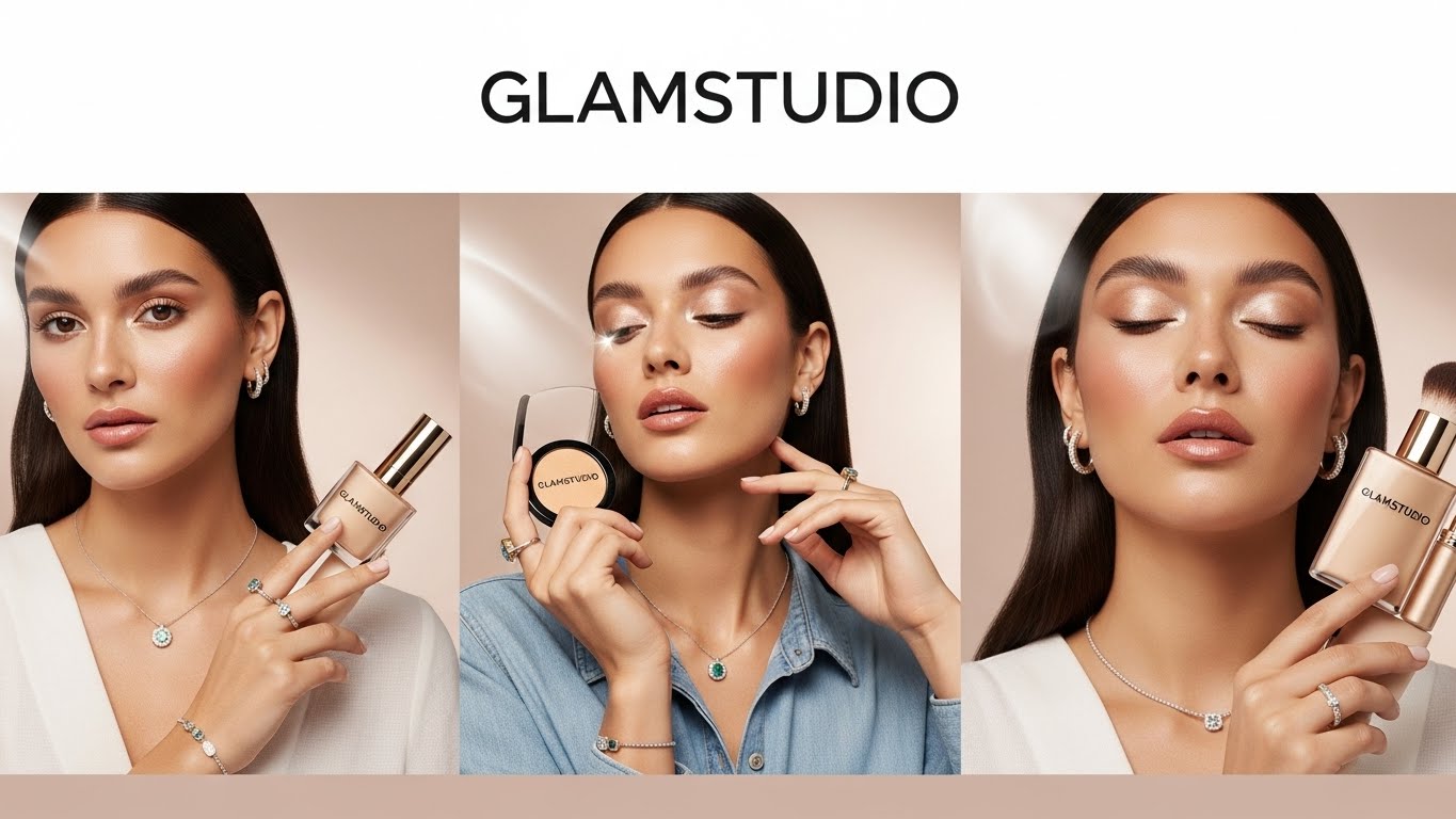 Three women using Glamstudio makeup products with the brand name displayed.