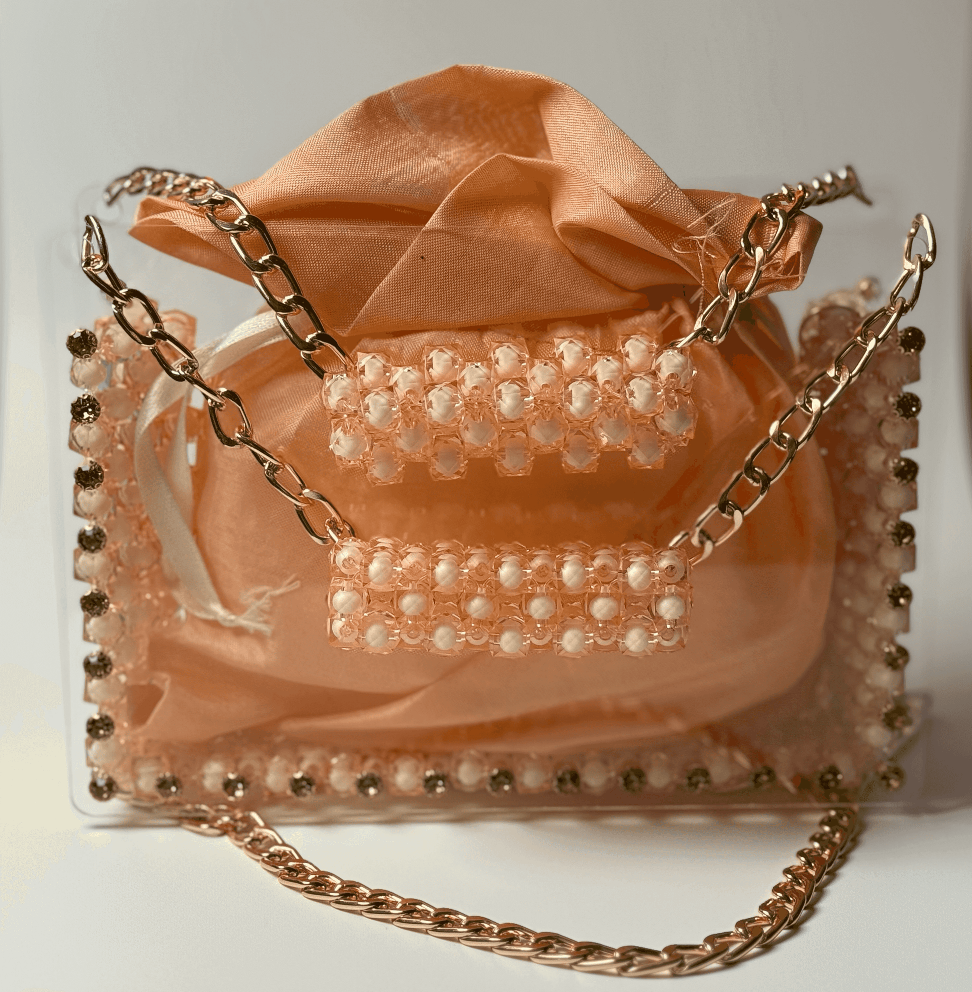 Lustre Bloom handbag with peach organza pouch, gem-studded acrylic frame, and gold-tone chain strap