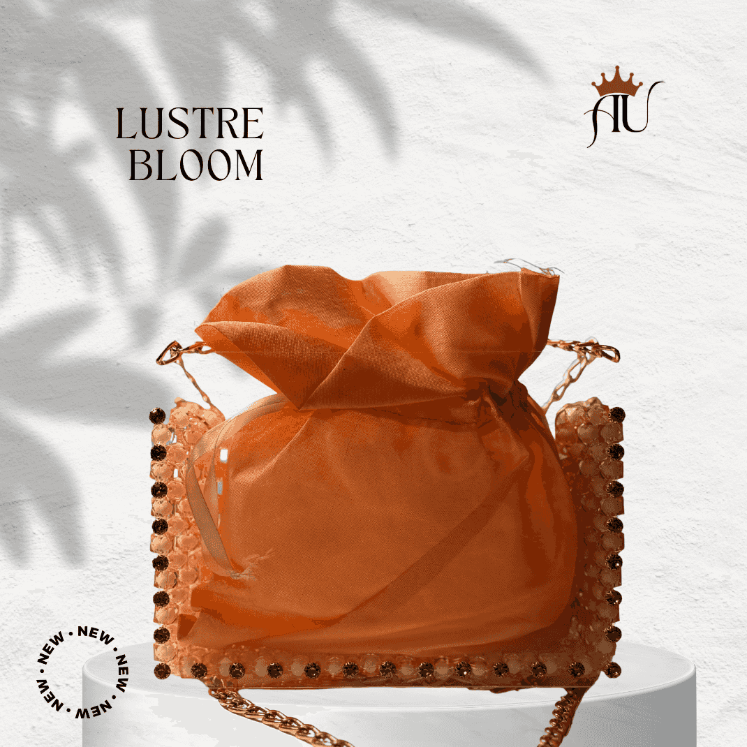 Lustre Bloom handbag with soft peach organza pouch and gem-studded acrylic frame with gold chain strap