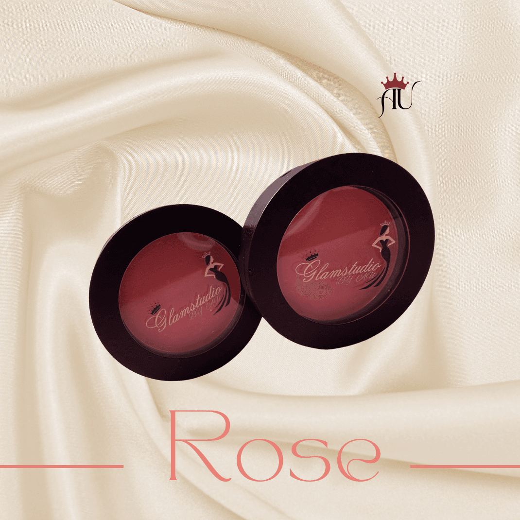 Rose Powder Blush in warm rosy shade with soft satin finish compact on satin fabric background