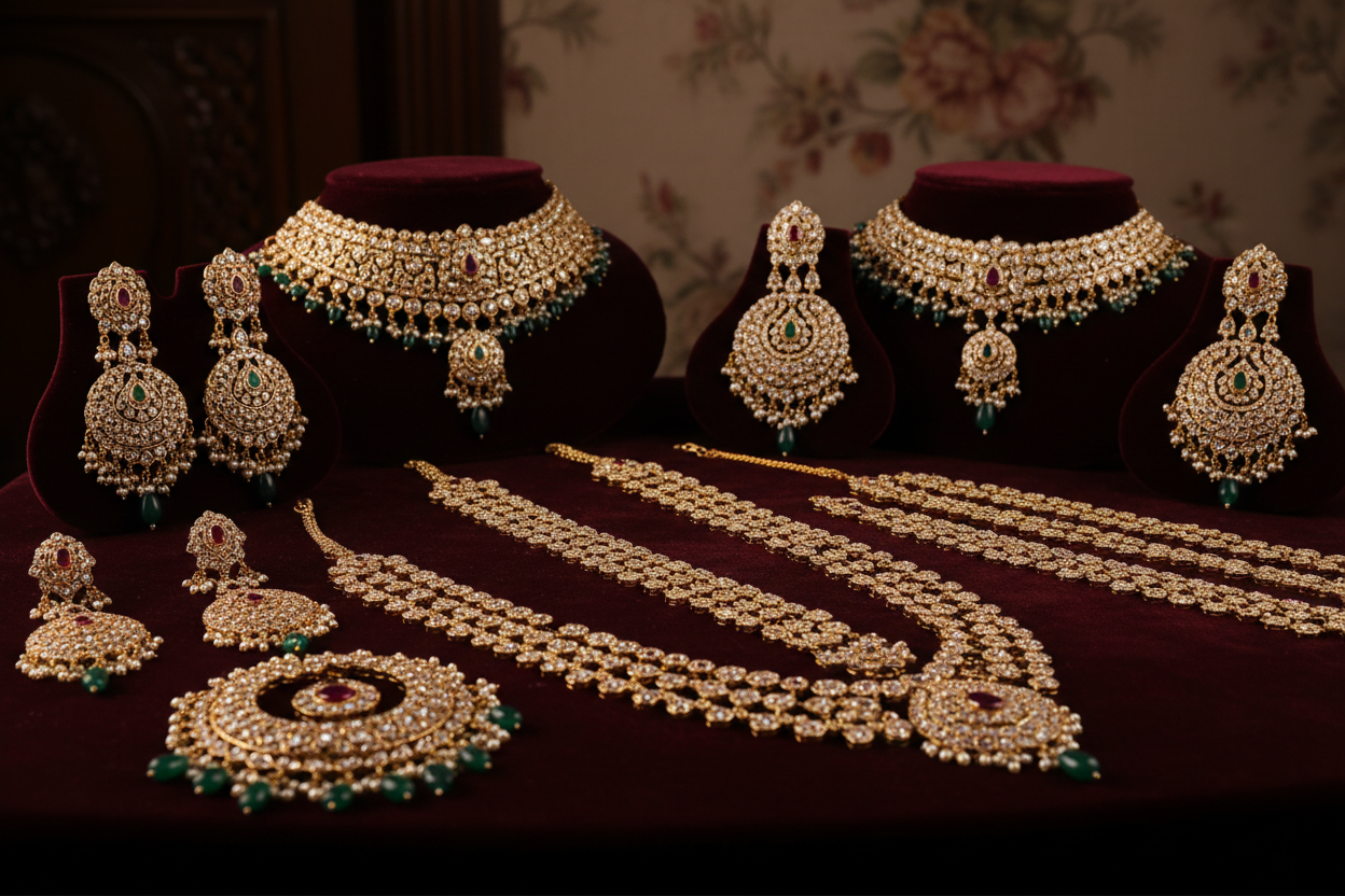 Jewelry set including necklaces, earrings, and bangles on a dark background