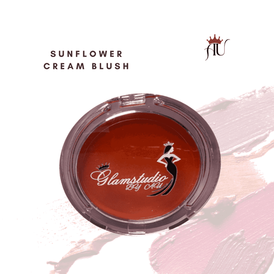 Sunflower Cream Blush in peachy-golden tone with dewy finish, lightweight and blendable cream blush compact